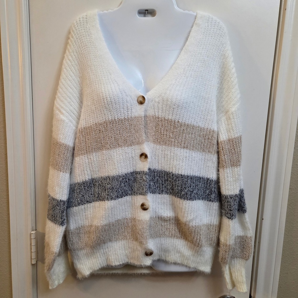 Womens Striped Eyelash Knit Cardigan V-Neck Button Front Fuzzy Sweater White S